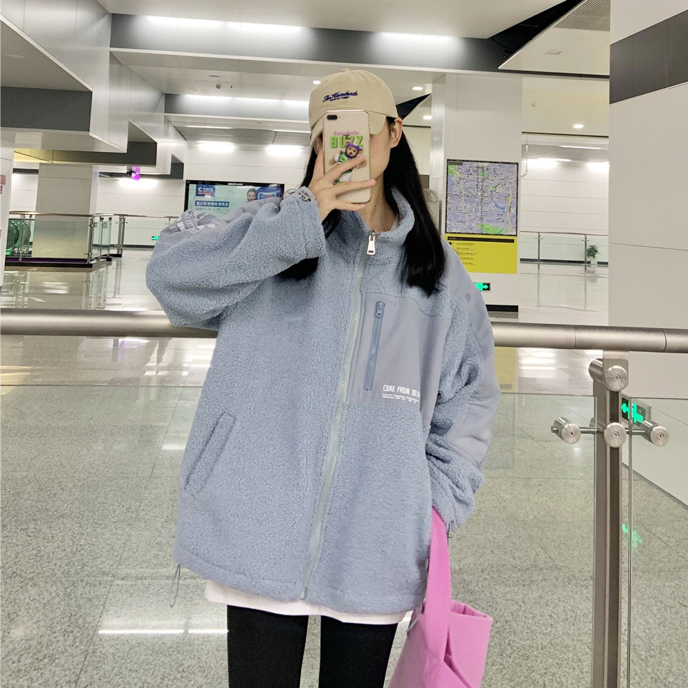 South Korea smog blue stand collar lamb wool jacket women's trendy autumn and winter clothes all-match loose thickened lamb velvet jacket top