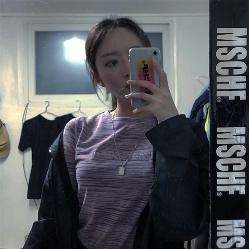 Korean niche trendy brand retro embroidery letters tight-fitting slim-fit striped long-sleeved T-shirt bottoming shirt for female students