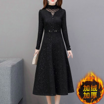 Black sparkling dress female 2020 winter New Lady high-end high-collar velvet waist with coat long skirt