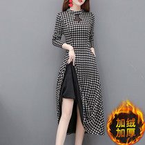 Thousand birds long dress high-end knee 2020 autumn and winter New temperament plus velvet thick socialite with long skirt