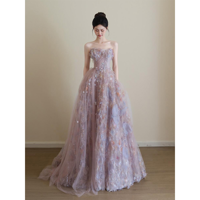 French-Style Strapless Purple Engagement Evening Dress for Women, High-End Hostess, Socialite Temperament, Banquet Toast Dress, Bride French-Style Strapless Purple Engagement Evening Dress for Women, High-End Hostess, Socialite Temperament, Banquet Toast Dress, Bride
