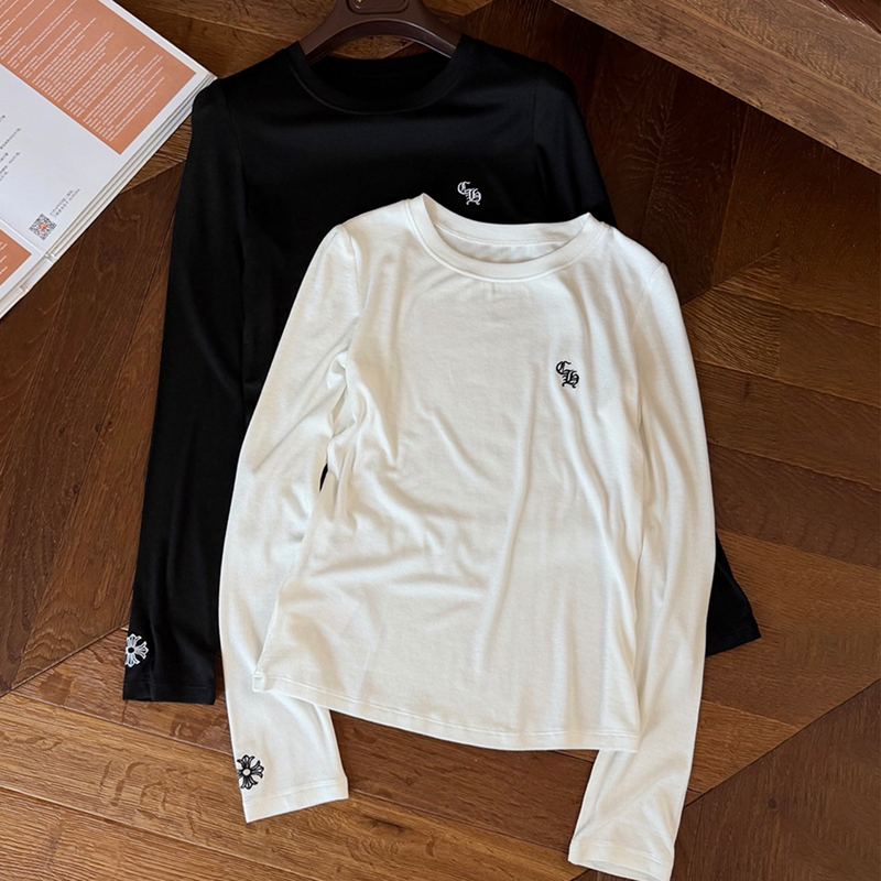 Trade Company Order~Super Slimming~Cross Embroidery Women's Ribbed Slim-Fit Round Neck Long-Sleeve Base Shirt T-Shirt