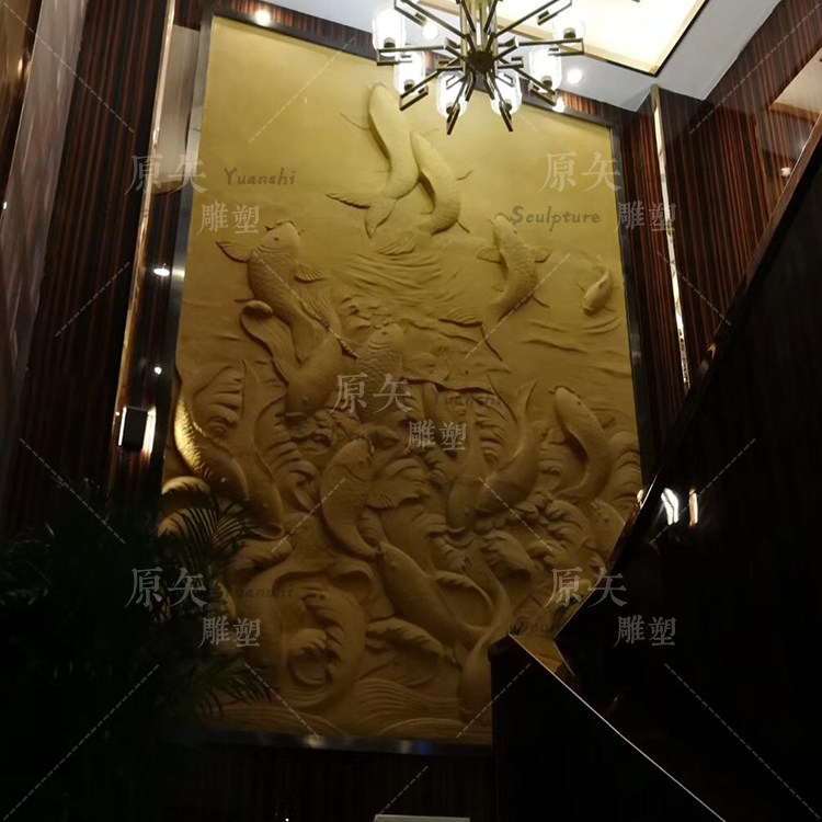 Original Sagite Sandstone Relief Background Wall Genguan Solid Fresco Resin Sand Rock Relief Handmade Sand Sculpture Fish Leap