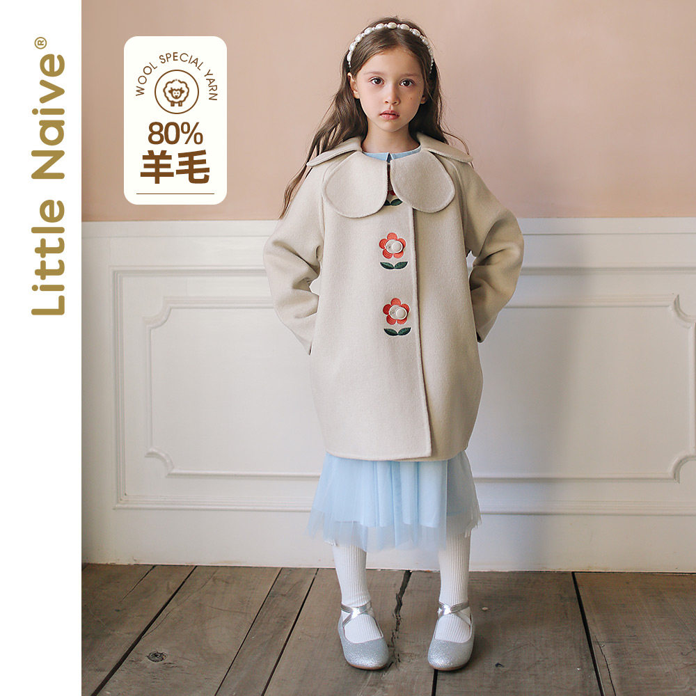 LittleNaive winter girls' mid-length coat black medium and large children's wool double-sided woolen coat parent-child outfit
