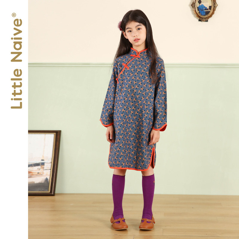 LittleNave Little Naive Girl Autumn Retro Crummy Flower Qipao CUHK Tong China Wind Long Sleeve Foreign Dress