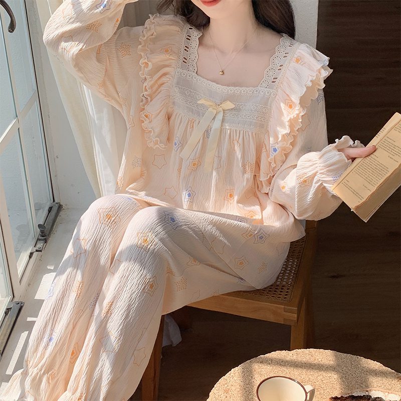Pajamas for Women Spring and Autum Pure Cotton Long-Sleeved Pants Suit Loose, Cute and Sweet Princess Style Can Be Worn Outside Home Clothes