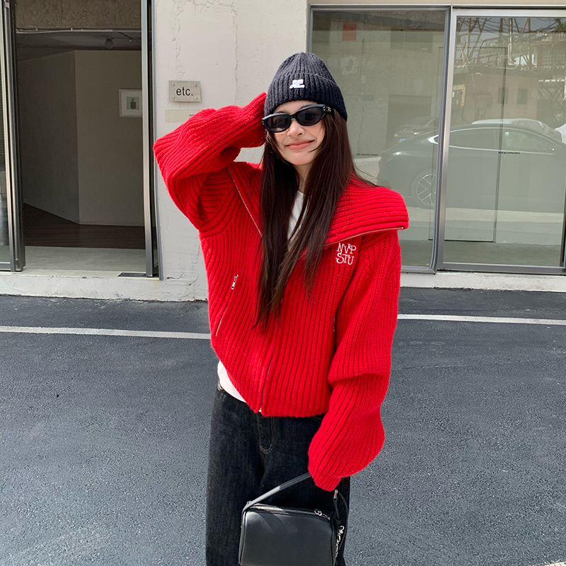 Nvpvva Autumn and Winter Korean Style Zipper Lapel Heavy Sweater Casual Coat Christmas and New Year Red Knitted Top