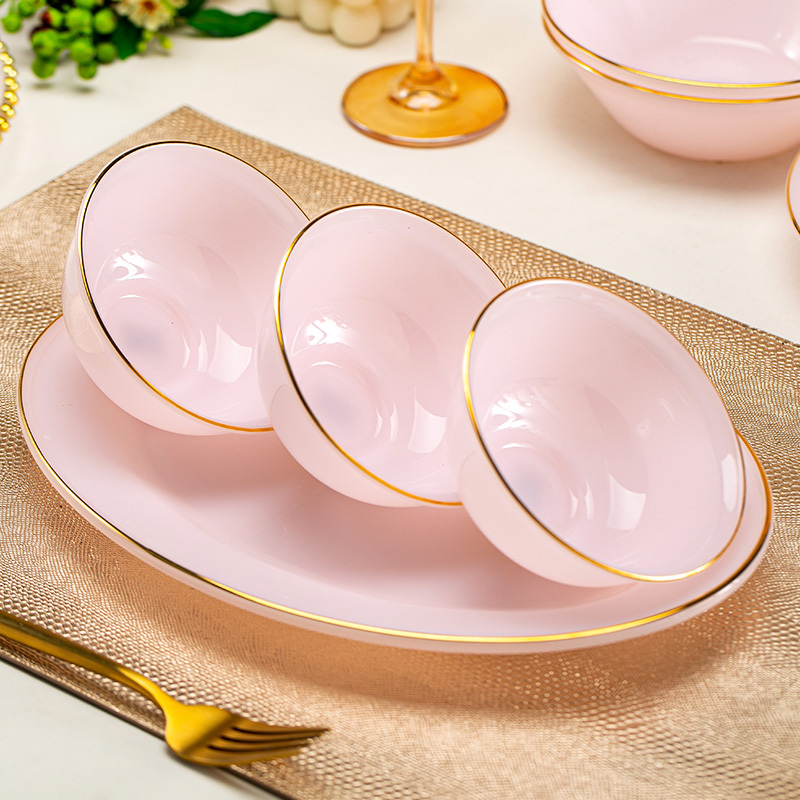 Jingdezhen Bowl and Plate Set for Home Use, Pink Jade Porcelain Combination, Imported Light Luxury Ceramic Bowl, Plate, Chopsticks, and Tableware Set