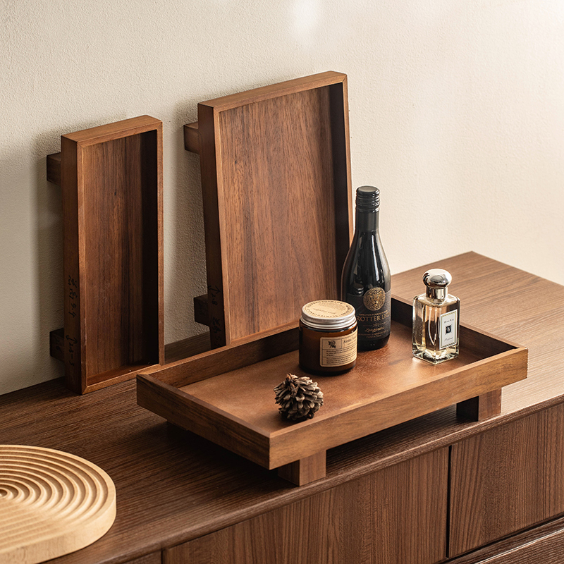 Retro Solid Wood Tray Walnut Entryway Storage Rack Living Room Coffee Table Desktop Storage Rack Key Storage Tray
