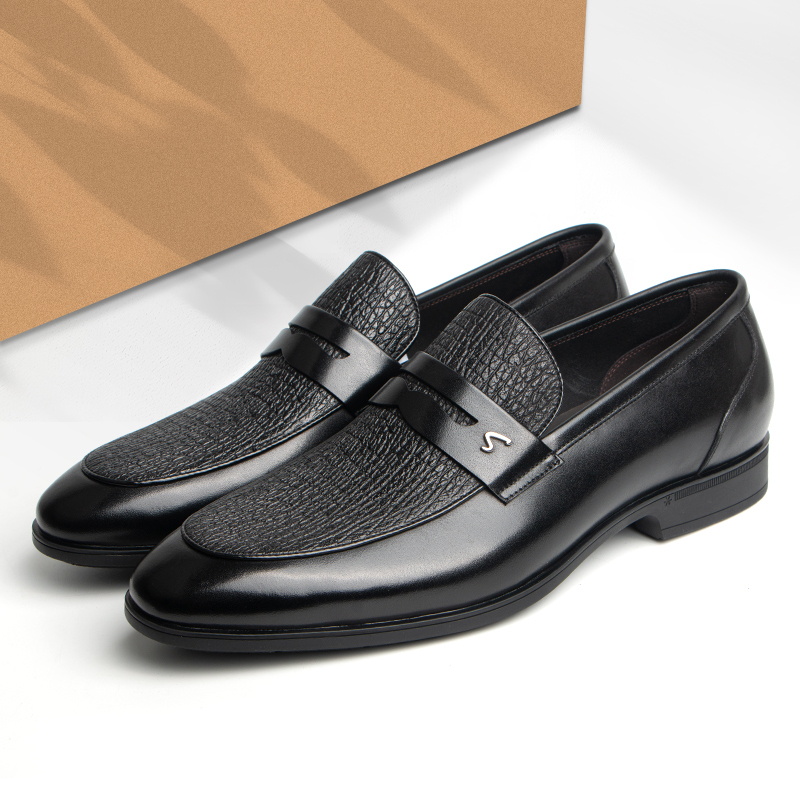 Sachi Men's Shoes, Autumn Light Luxury Style, Sharkskin Business Casual Leather Shoes, Men's Genuine Leather Loafers, Slip-On Formal Shoes
