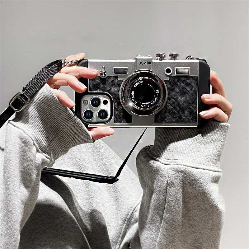 Vintage Camera-Style Phone Case for Apple 16 Pro Max, Creative New Design, Full Coverage, Three-Dimensional, Crossbody Style, 14 Plus, Wearable + Trendy Women's 13 Pro Max Protective Case
