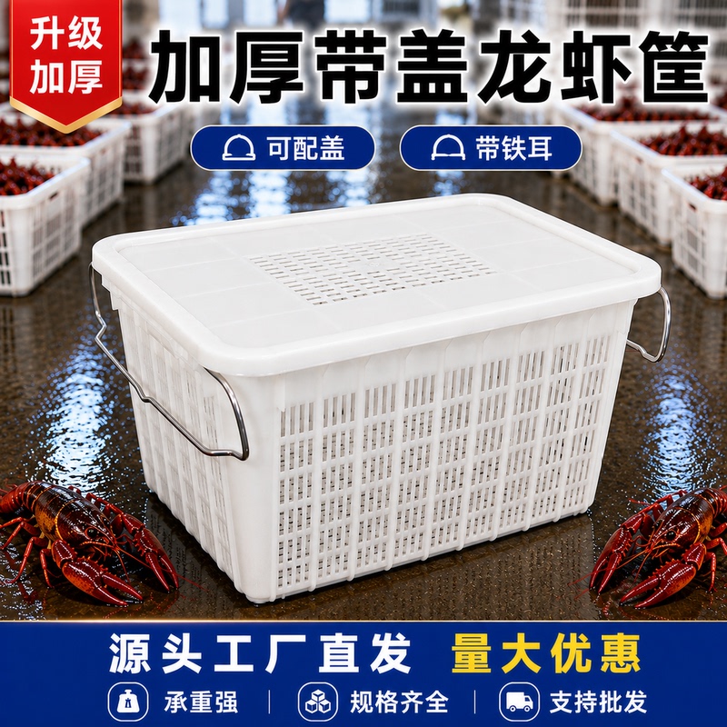 Plastic Basket with Iron Handles, Thickened Fruit and Vegetable Turnover Basket, Large Hollow Plastic Basket for Seafood and Lobsters