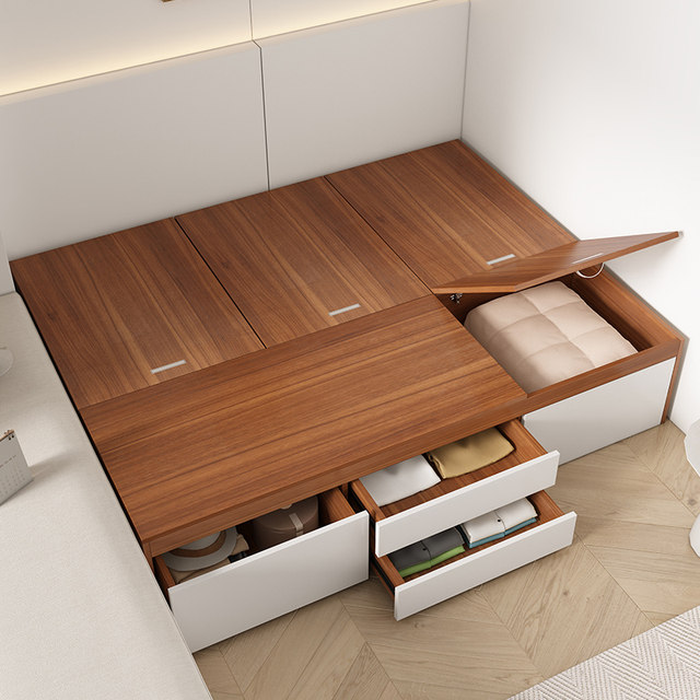 ໄມ້ແຂງ tatami bed double bed high box storage single bed small apartment custom bed box without bedside bed