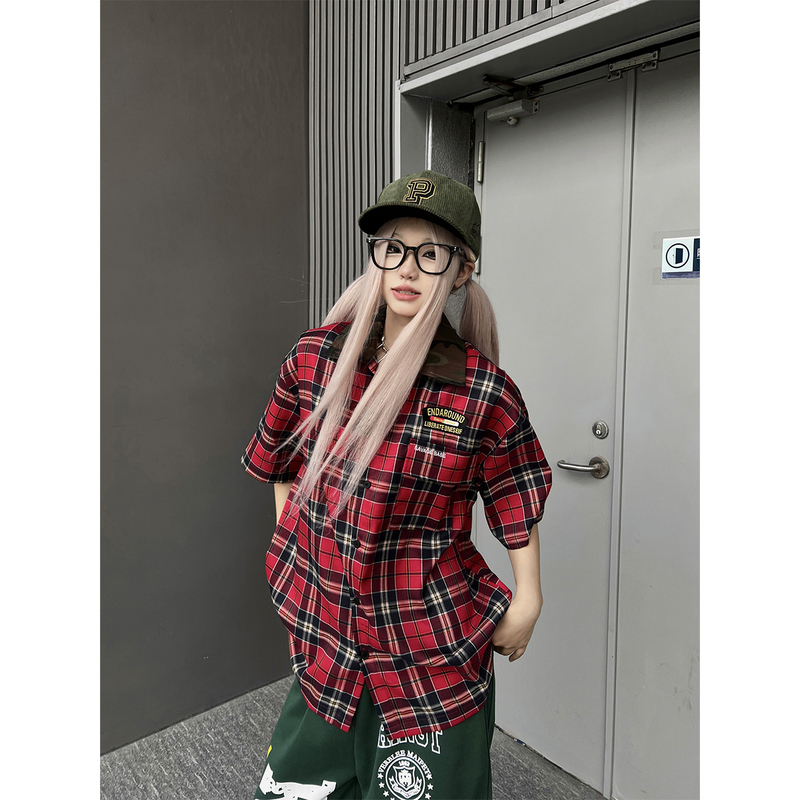 Tr Brushshift American Trendy Brand Camouflage Patchwork Plaid Short-Sleeved Shirt Loose Letter Embroidered Shirt Summer