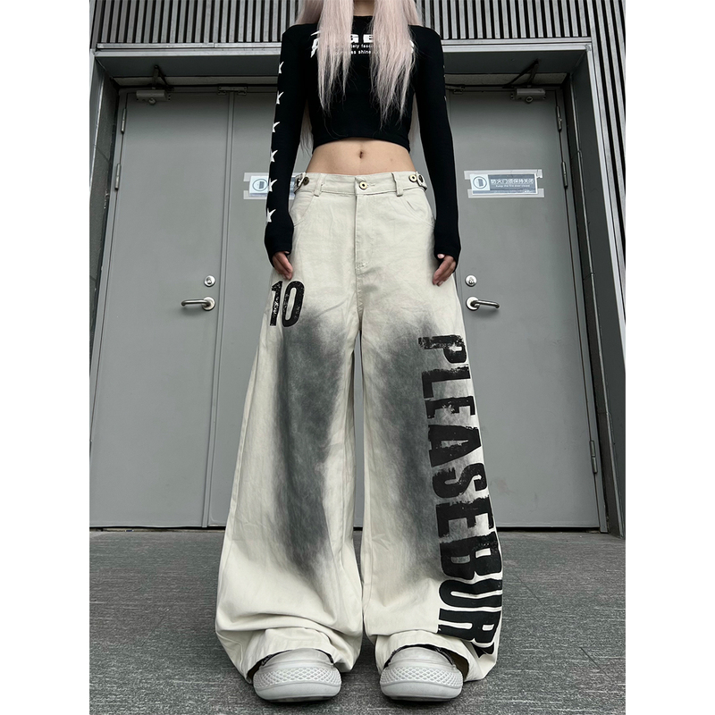 Tr Brushshift American Street Style Washed Vintage Printed Jeans Unisex Loose Wide-Leg Straight Pants
