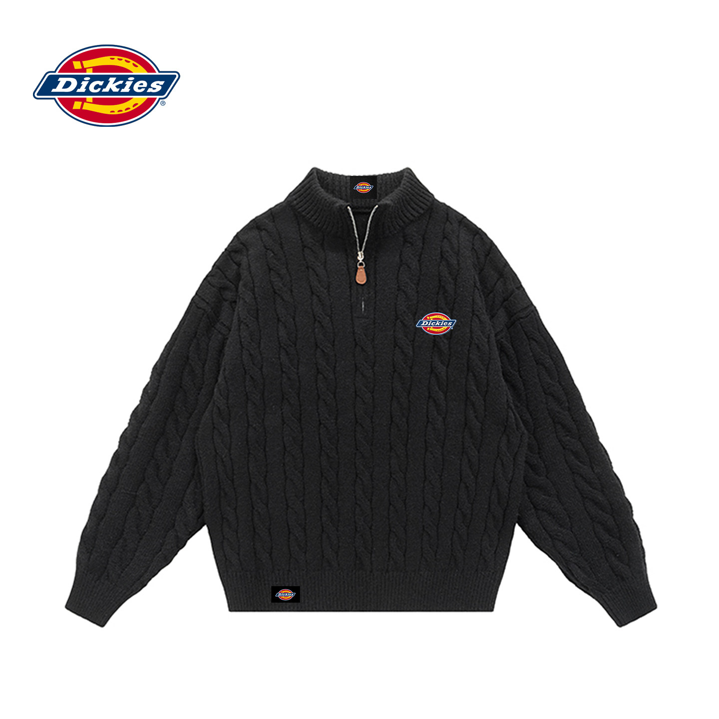 Dickies官方正品秋季复古绞花宽松慵懒风立领套头半开拉链毛衣男