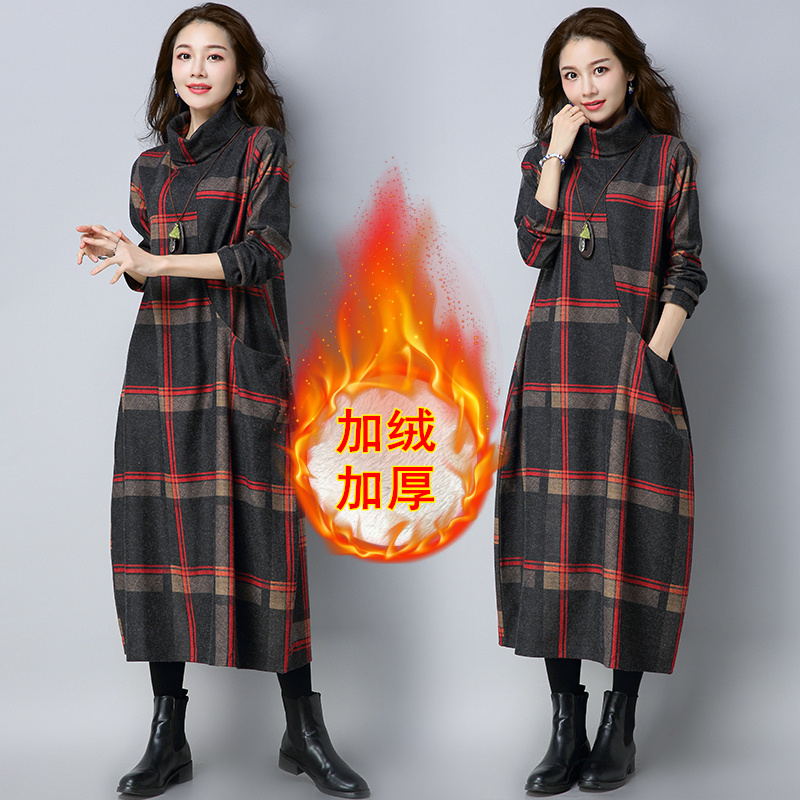 冬裙连衣裙 毛呢裙秋冬复古文艺大码宽松印花加绒加厚打底连衣裙