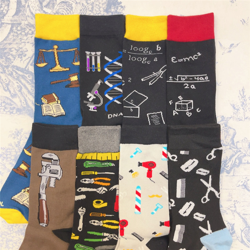 Cute Cartoon Wrench Tool Mathematical Function Dna Biology Mid-Tube Casual Cotton Socks Hardware Store Merchandise