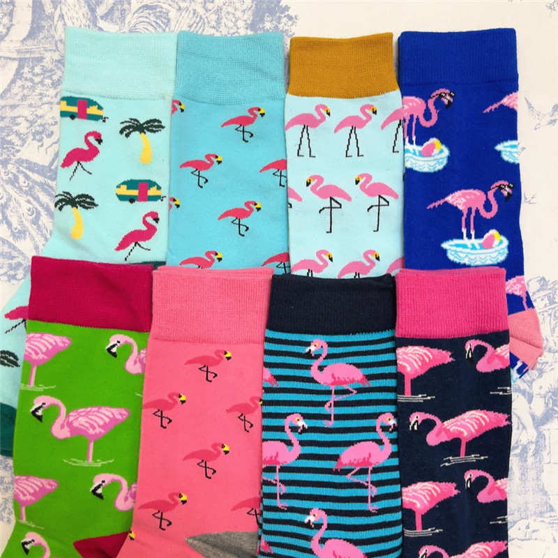 Cute and Auspicious Cartoon Flamingo Mid-Calf Cotton Socks Flamingo Red Stork Pink Friend Flame Messenger Red Crane