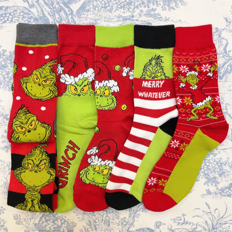 Autumn and Winter Trendy Socks, Grinch Couple Snowflake Striped Mid-Calf Socks, Funny Green Furry Monster Socks That Stole Christmas