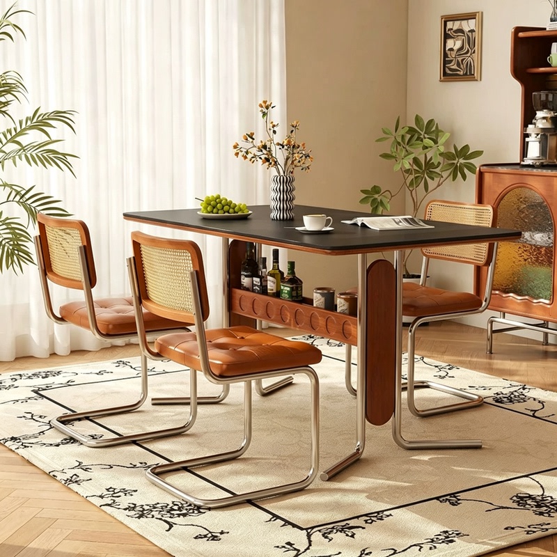 Medieval-Style Slate Dining Table for Small Households, Retro Solid Wood Dining Table with Storage and Design Features for Dining Rooms