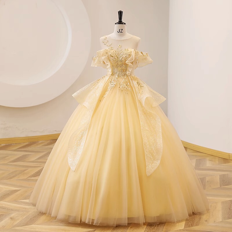 Evening Dress New Style Colorful Gauze Yellow Student Vocal Arts Exam Bel Canto Solo Performance Dress Host Annual Meeting Tutu Skirt