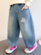 Girls' Embroidered Scimitar Jeans, New Spring and Autumn Style, Stylish Loose Casual Long Pants for Children, Straight-Leg Pants for Toddlers