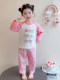 Girls' Pure Cotton Thin Pajamas, New Spring and Autumn Style, Cute Cartoon Long-Sleeve Plaid Loungewear, Air-Conditioning Suit Set
