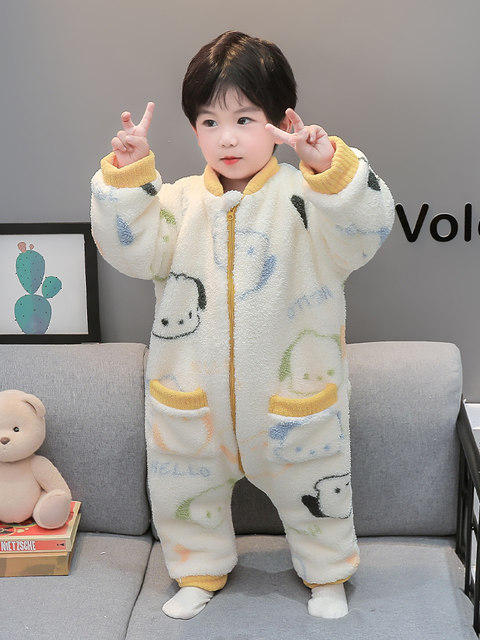 Children's One-Piece Pajamas for Autumn and Winter, Thickened Flannel, One-Year-Old Baby Sleeping Bag, Boys' Coral Fleece Anti-Kick Blanket