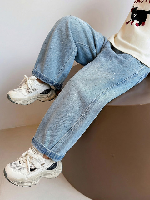 Girls' Spring and Autumn Jeans with Rhinestones and a Sweet Stylish Straight-Leg Design, Elastic Waist Pants for Children