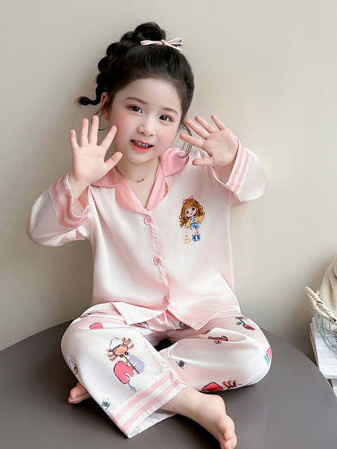 Girls' Sweet and Cute Style Children's Ice Silk Spring and Autumn Home Wear Set, Summer Comfortable Two-Piece Set, Baby Air-Conditioning Clothing