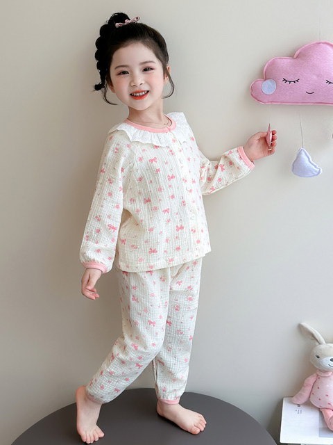 Girls' Gauze Pajamas, Spring & Fall Long-Sleeved Air-Conditioned Clothes, Kidsren's Pure Cotton Home Clothes, Cute Cardigan Suits for Girls and Babies