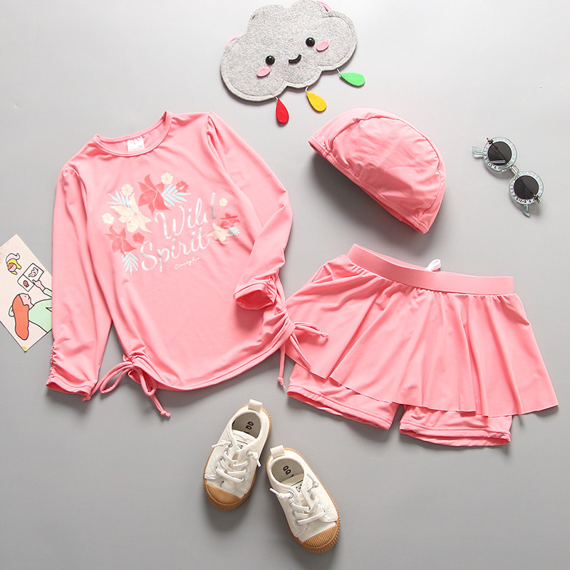 South Korea ins kids swimsuit girls long sleeves sunscreen quick drying middle and big boy girls split skirt type boxers surfing