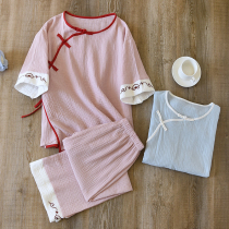 Pure cotton pajamas for women spring and summer thin cotton gauze cropped pants Chinese style simple solid color home wear two-piece set