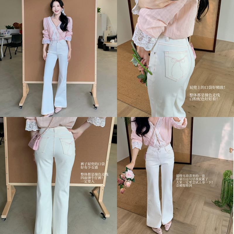 Chen Liuli Chenliuliu【Bow Pocket】Exquisite and Fashionable Versatile Flared Straight-Leg Jeans for Girls