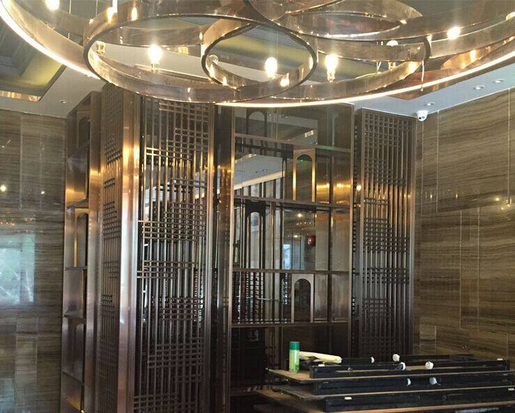 Brown hollow carved partition Chinese stainless steel screen hotel KTV porch living room decoration customization