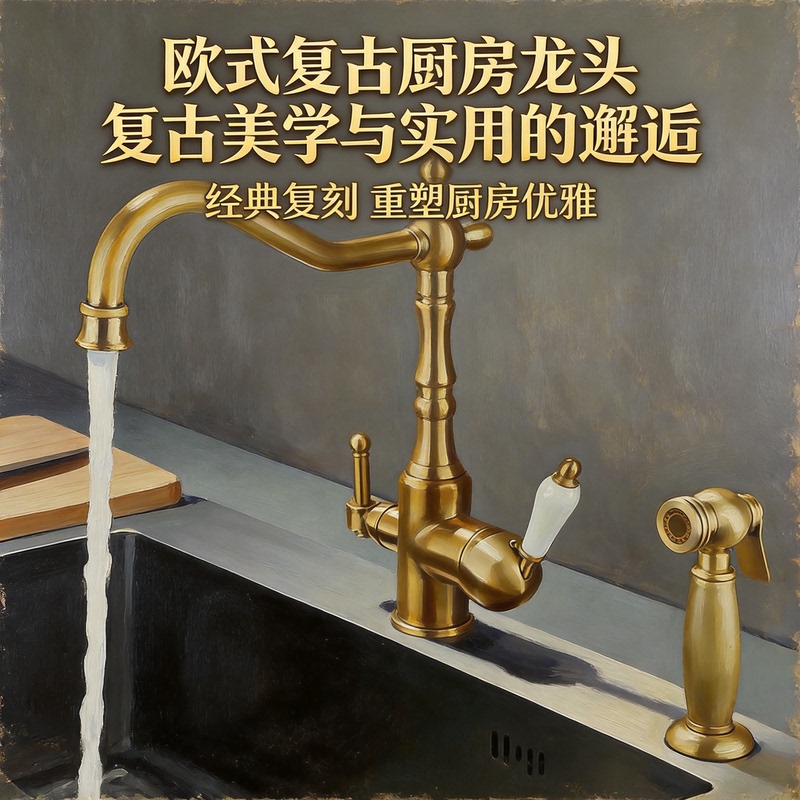 European-Style Retro Kitchen Three-In-One Hot and Cold Faucet, All-Copper Household Sink, Multi-Functional Dish Basin, Antique-Style Faucet
