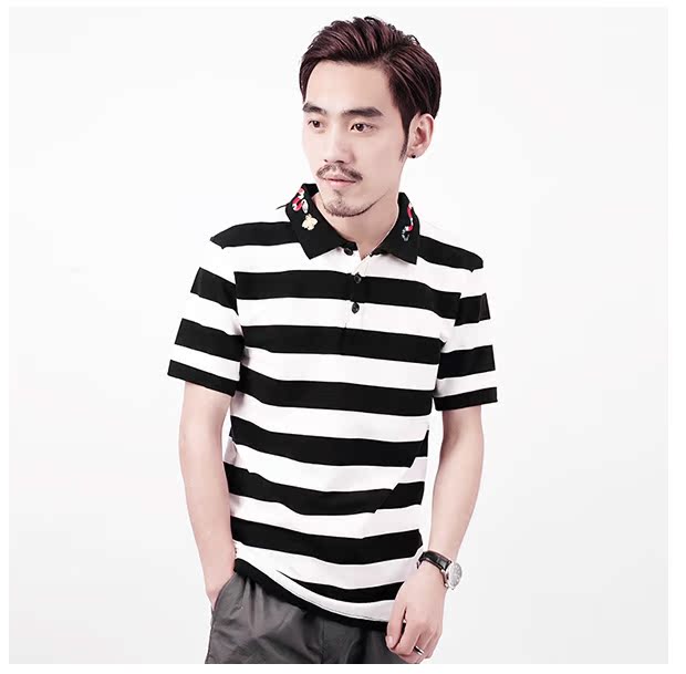 Áo thun nam tay ngắn thêu rắn rắn sọc ong cotton cotton mùa hè lỏng lẻo ve áo mùa hè nam POLO áo polo sói