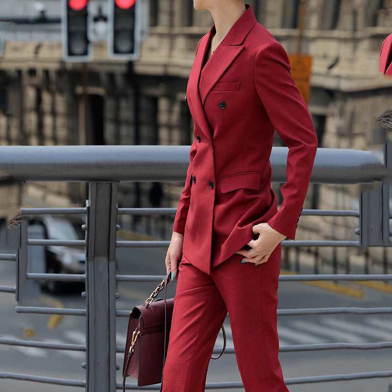 Wine red her double-breasted women's spring and autumn slim fit suit suit festive annual meeting retro temperament chair suit
