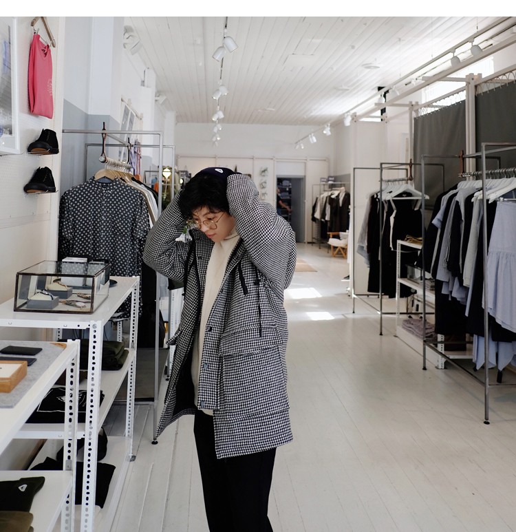 WENGNA Houndstooth Áo trùm đầu có lông (30% len) áo phao nam hàn quốc