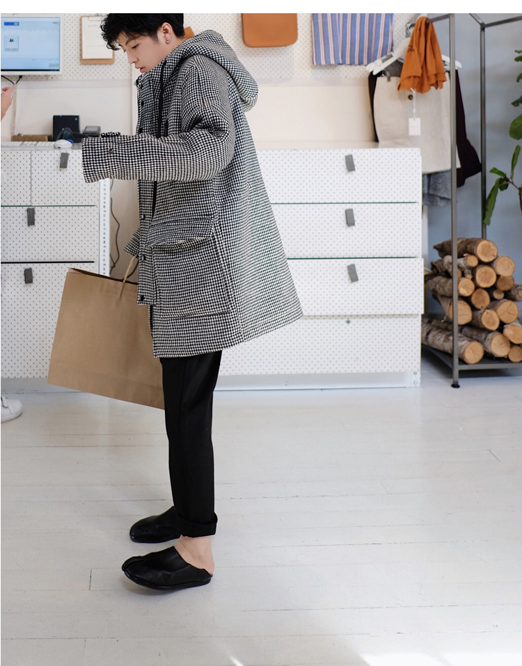 WENGNA Houndstooth Áo trùm đầu có lông (30% len) áo phao nam hàn quốc