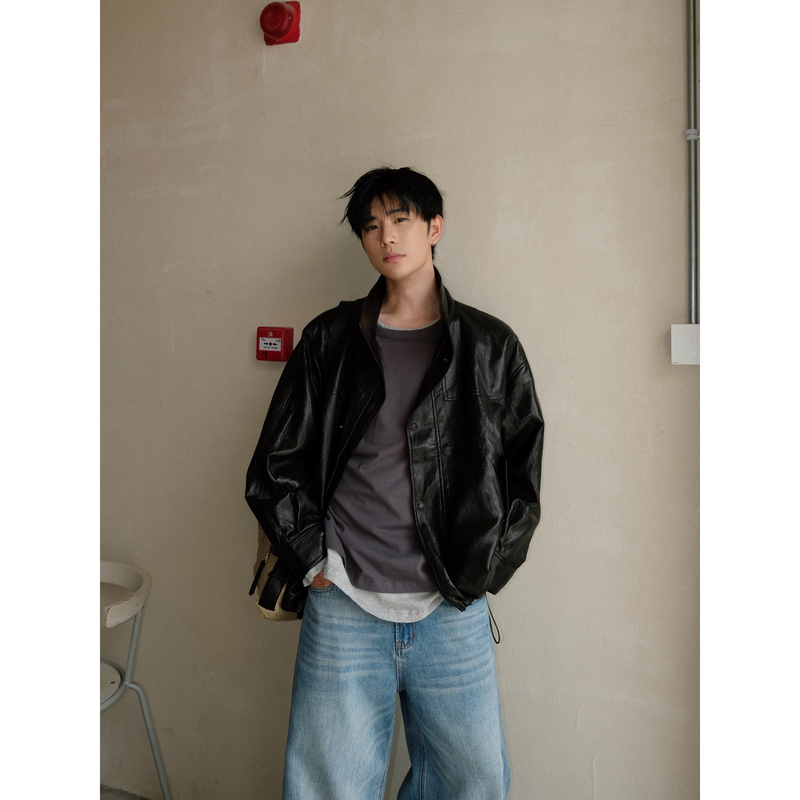 Madeinwn Retro Stand-Up Collar Loose Leather Jacket with Relaxed Drop Shoulders and Biker Style, Autumn Casual Coat Madeinwn Retro Stand-Up Collar Loose Leather Jacket with Relaxed Drop Shoulders and Biker Style, Autumn Casual Coat