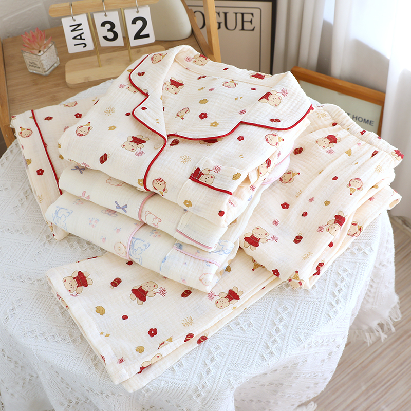 Three-Piece Set of Cotton Pajamas for Women, Short-Sleeved Shorts and Long Pants, Summer Pure Cotton Crepe Gauze Baby Cotton Home Clothes