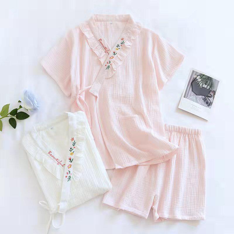 Day Ensemble Brief Kimono Kimono Shorts Suit Sweat Steamed Clothes Woman Summer Thin all cotton numb crepe cloth pyjamas can be worn out-Taobao