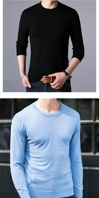 Áo len mùa thu 2019 và áo len mỏng nguyên chất cho nam áo len cổ tròn màu trơn co giãn đáy áo len nam dài tay - Áo len