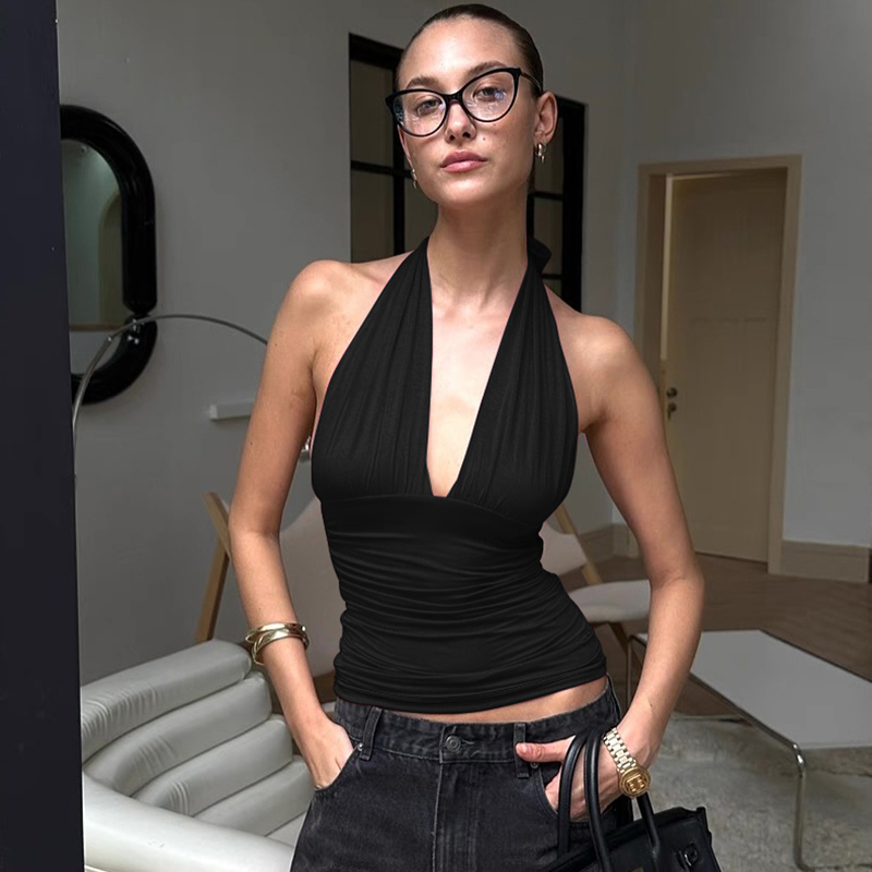Gusty High Street Style Deep V Halter Tie Top for Women ins Spicy Girl Vibe Waist-Cinching Backless Camisole T-Shirt Trendy
