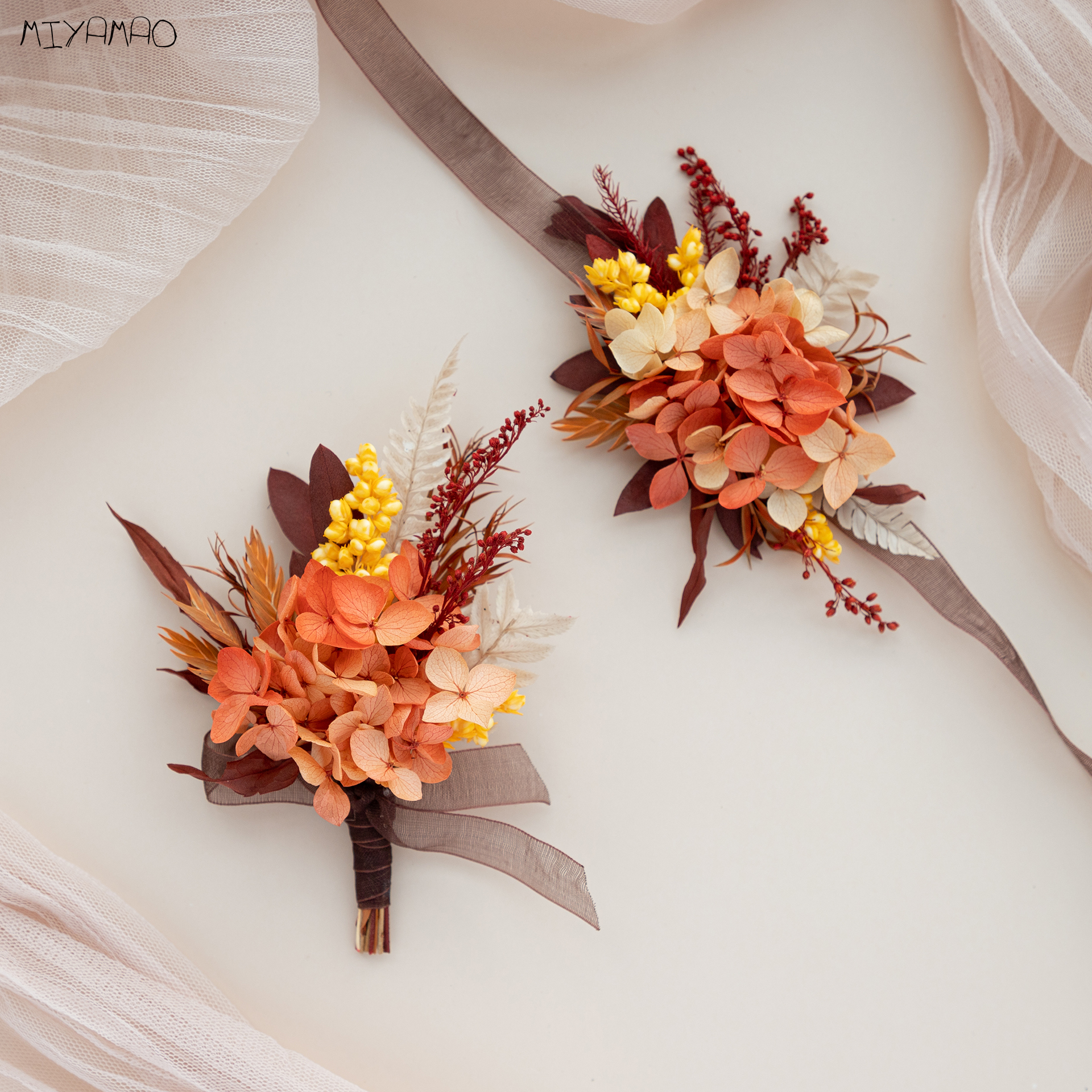 Wedding Groom Chest Flowers Orange Cardiovert Chinese Wedding Bridal Bride Wrist Flowers and Autumn Flowers Parent Brooch