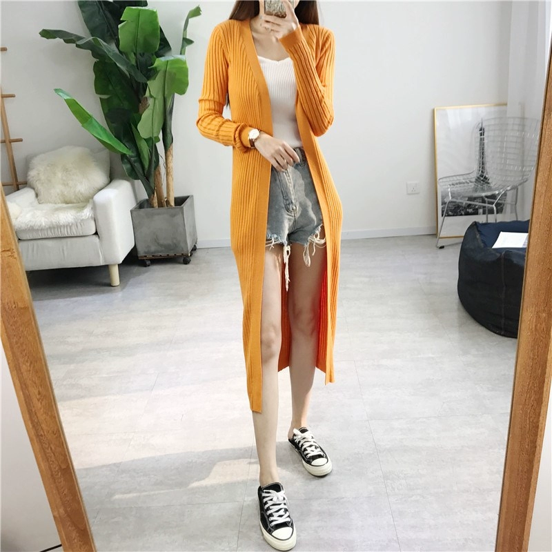 . 2019 xuân mới siêu dài dệt kim cardigan nữ slim slim khăn choàng dài tay trên áo len đầu gối - Áo len cổ chữ V