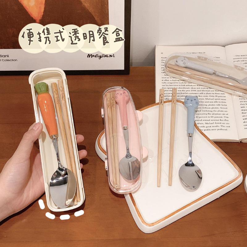 Wooden chopsticks stainless steel spoon tableware set creative cute children's portable student storage tableware box