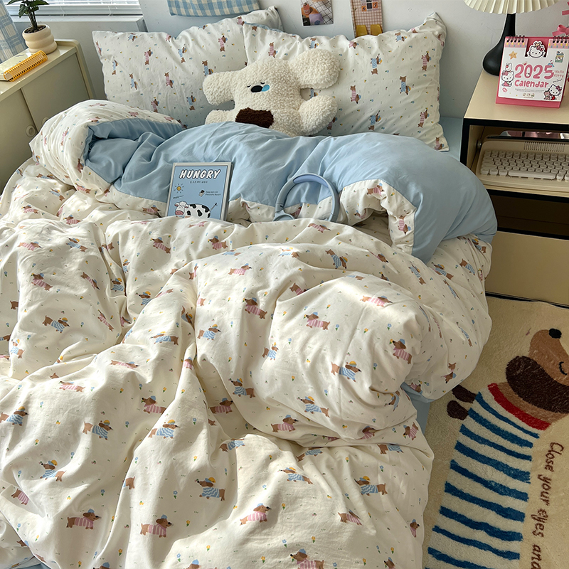 Soft and Fluffy Cartoon Floral Dachshund Dog Washed Cotton Four-Piece Bedding Set, Dormitory Three-Piece Fitted Sheet Set